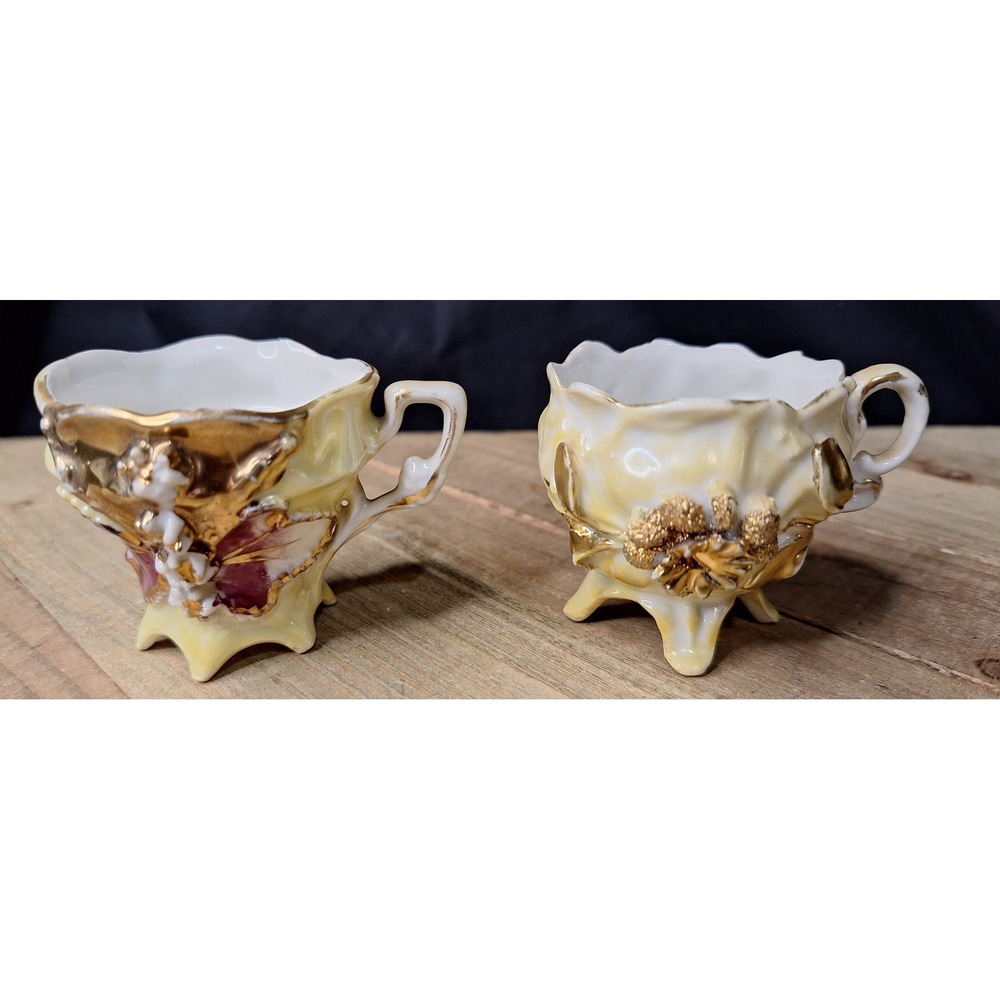 Vintage Footed Lusterware Porcelain Teacups Gold Gilt 3D Floral Applique Set / 2